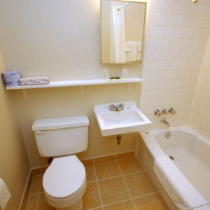 Guest bathroom with tub at Alexandra Hotel.