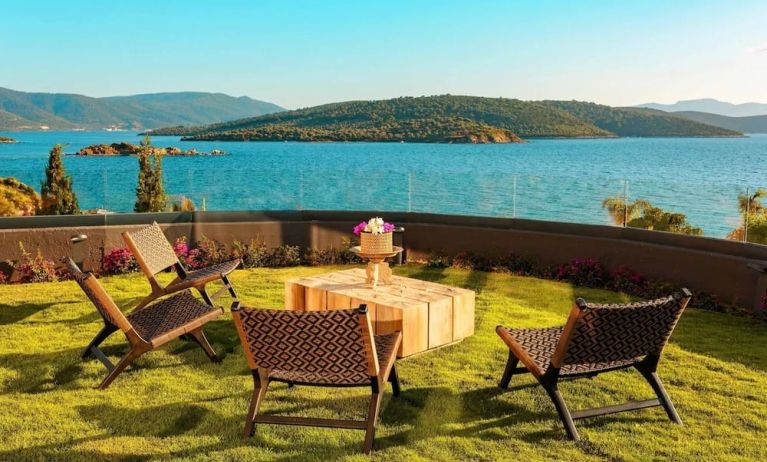 Seating area with sea view at Le Méridien Bodrum Beach Resort.