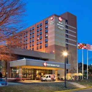 Hotel exterior at night at Best Western Plus Hotel & Conference Center.