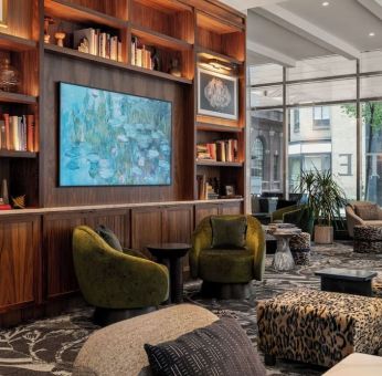 Hotel lounge and library at Sofitel Philadelphia At Rittenhouse Square.