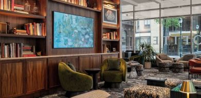 Hotel lounge and library at Sofitel Philadelphia At Rittenhouse Square.