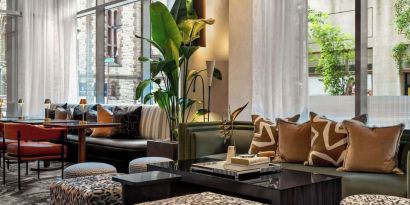 Hotel lounge and coworking space at Sofitel Philadelphia At Rittenhouse Square.