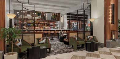 Lobby and lounge with bar area at Sofitel Philadelphia At Rittenhouse Square.