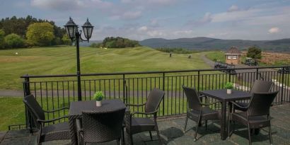 Outdoor terrace overlooking golf course at DoubleTree By Hilton Glasgow Westerwood.