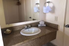 Guest bathroom with shower at Economy Inn, Fresno.