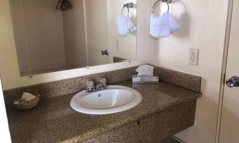 Guest bathroom with shower at Economy Inn, Fresno.