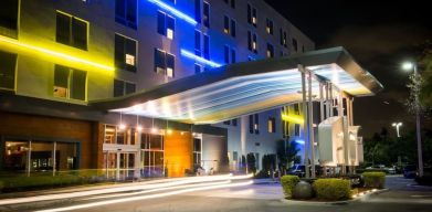 Hotel entrance at Aloft Miami Doral.
