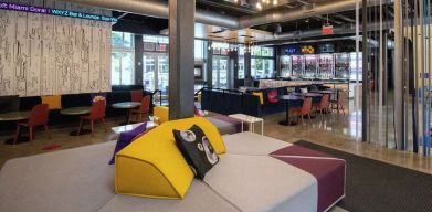 lobby and seating area at Aloft Miami Doral.
