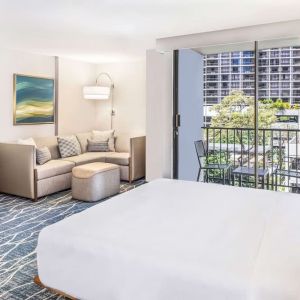 King suite with balcony at Hyatt Place Waikiki Beach.