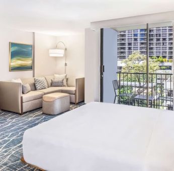 King suite with balcony at Hyatt Place Waikiki Beach.