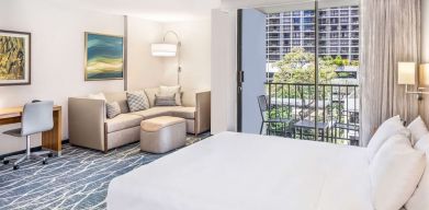 King suite with balcony at Hyatt Place Waikiki Beach.