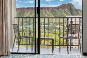 Balcony with mountain view at Hyatt Place Waikiki Beach.