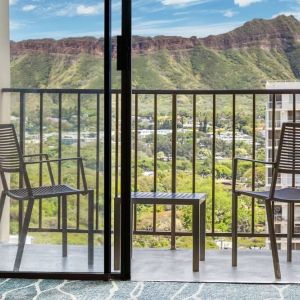 Balcony with mountain view at Hyatt Place Waikiki Beach.