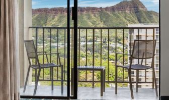 Balcony with mountain view at Hyatt Place Waikiki Beach.