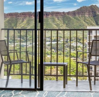 Balcony with mountain view at Hyatt Place Waikiki Beach.