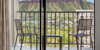 Balcony with mountain view at Hyatt Place Waikiki Beach.