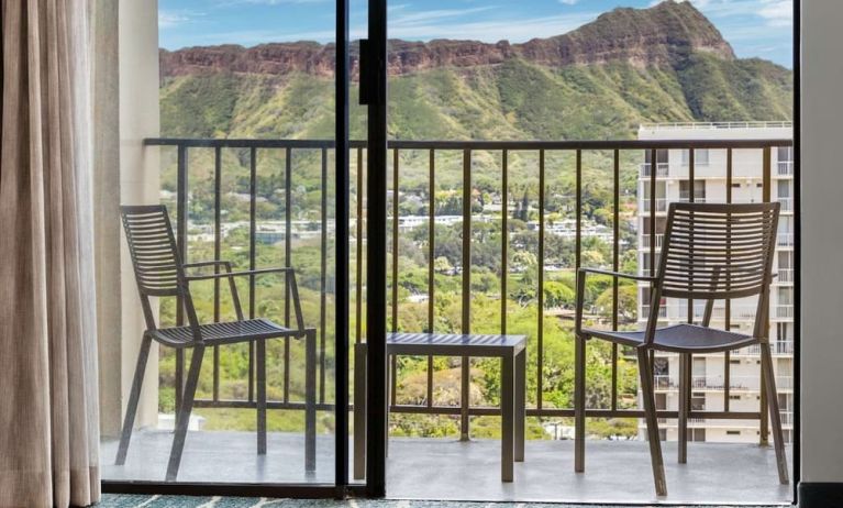 Balcony with mountain view at Hyatt Place Waikiki Beach.