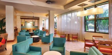 Hotel lounge area at Hyatt Place Waikiki Beach.