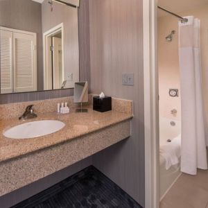 Guest bathroom with shower at Courtyard Dulles Airport Chantilly.