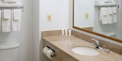 Bathroom with shower at Country Inn & Suites By Radisson, BWI Airport.