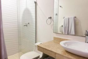 Guest bathroom with shower at Hotel Barranquilla Prado.