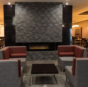 Lobby and lounge at Holiday Inn Express Edmonton Downtown.