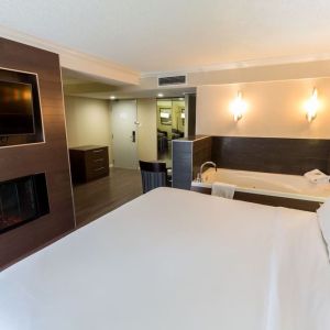 Cozy king room with TV and hot tub at Holiday Inn Express Edmonton Downtown.