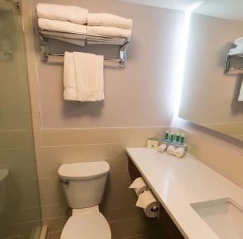 Guest bathroom with shower at Holiday Inn Express Edmonton Downtown.