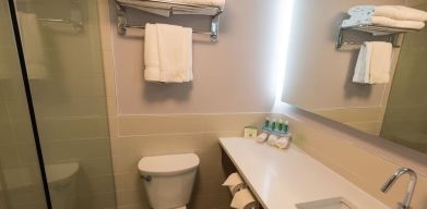 Guest bathroom with shower at Holiday Inn Express Edmonton Downtown.