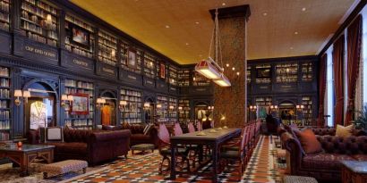 Hotel lobby and coworking at Graduate By Hilton Princeton.