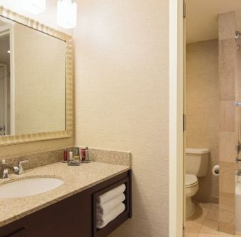 Guest bathroom with shower at Washington Dulles Marriott Suites.