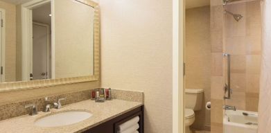 Guest bathroom with shower at Washington Dulles Marriott Suites.