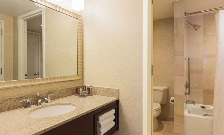 Guest bathroom with shower at Washington Dulles Marriott Suites.