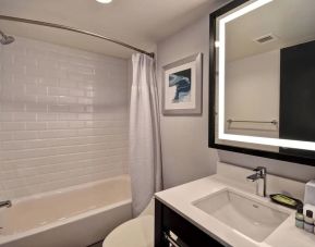 Guest bathroom with shower at Four Points By Sheraton Boston-Newton. 