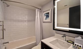 Guest bathroom with shower at Four Points By Sheraton Boston-Newton. 