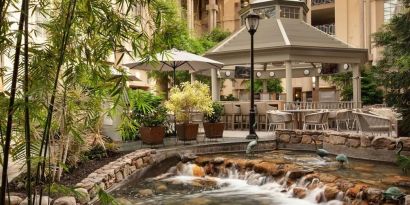 Outdoor seating and natural scenery at Hyatt Regency Greenwich.
