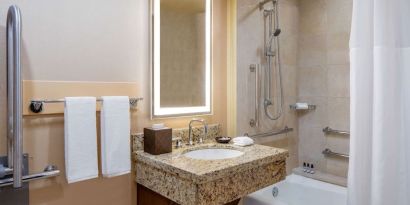 Guest bathroom with shower at Hyatt Regency Greenwich.