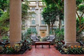 Lounge chairs in green lobby at Hyatt Regency Greenwich.