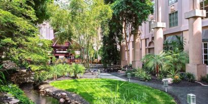 Beautiful and serene hotel garden at Hyatt Regency Greenwich.