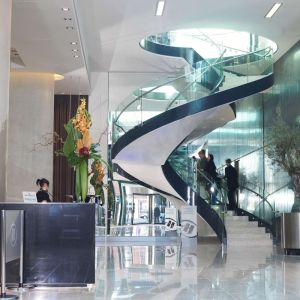 Lobby staircase at Hilton Manchester Deansgate.