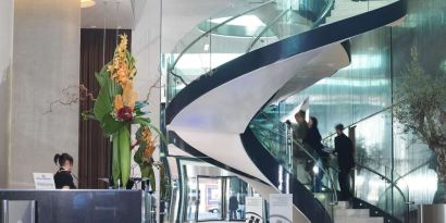 Lobby staircase at Hilton Manchester Deansgate.