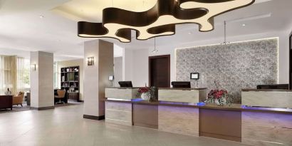 Hotel lobby and reception at DoubleTree By Hilton Woking.