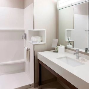 Guest bathroom with shower at Courtyard By Marriott Houston North/ Shenandoah.  