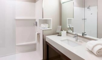 Guest bathroom with shower at Courtyard By Marriott Houston North/ Shenandoah.  