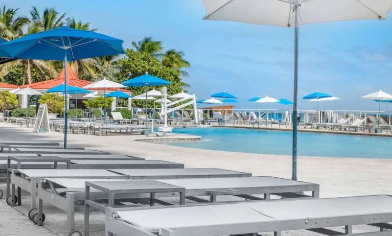 Sun loungers and umbrellas at Ramada Plaza Marco Polo Beach Resort.