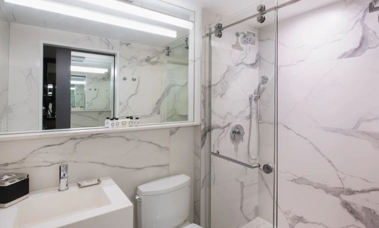 Guest bathroom with shower at Aliz Hotel Times Square.