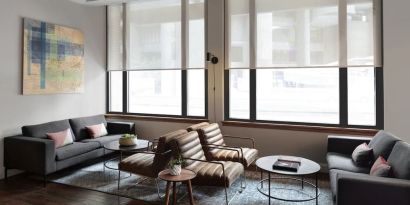 Lobby and coworking lounge at The Boxer Boston.