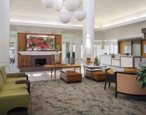 Lobby and coworking lounge at Hilton Garden Inn IAH Houston.