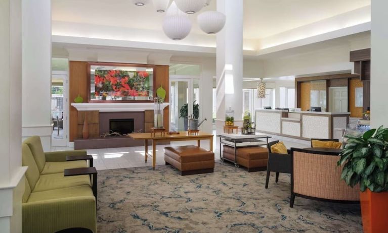 Lobby and coworking lounge at Hilton Garden Inn IAH Houston.