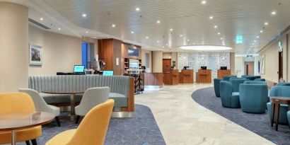 Lobby and coworking lounge at Hilton Garden Inn London Heathrow Terminals 2 And 3.